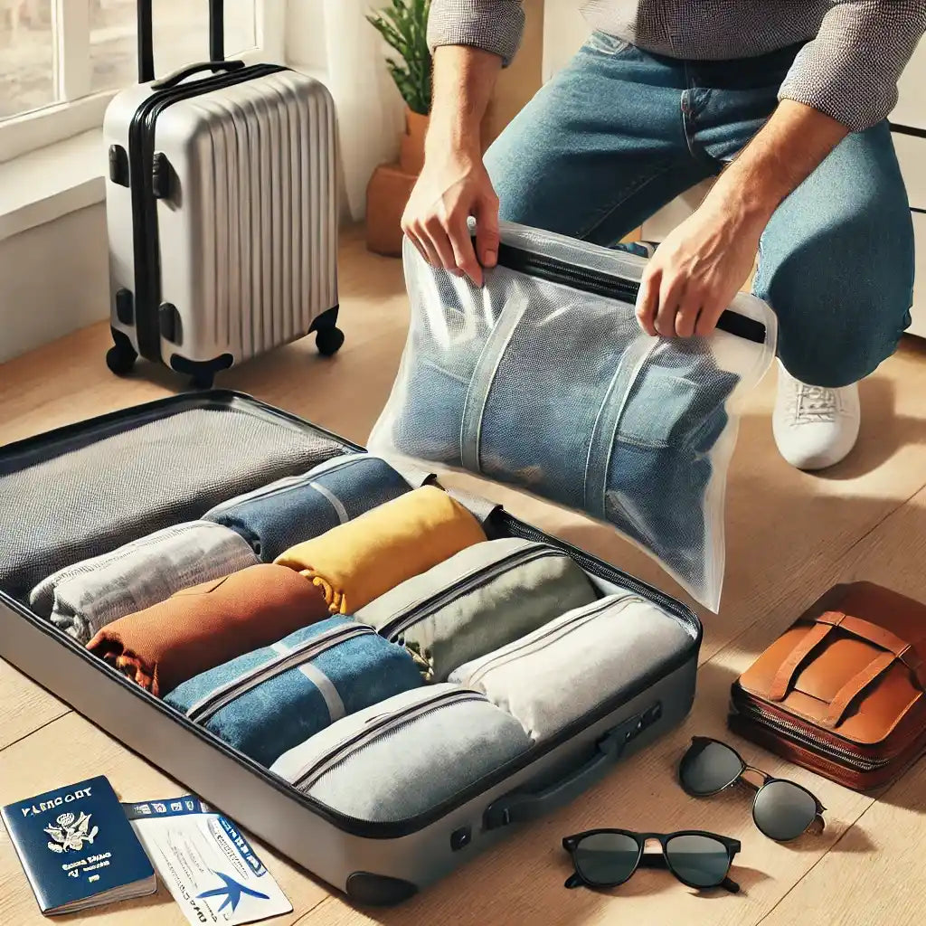 A traveler packing a suitcase with vacuum storage bags, efficiently compressing clothes to save space. Travel essentials like a passport, sunglasses, and a carry-on bag highlight the convenience of using vacuum bags for travel.