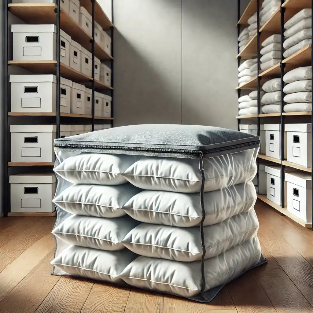 A neatly packed vacuum storage bag containing soft pillows, tightly compressed to save space in a clean and organized storage area, highlighting the efficiency of vacuum bags for storing bulky items.