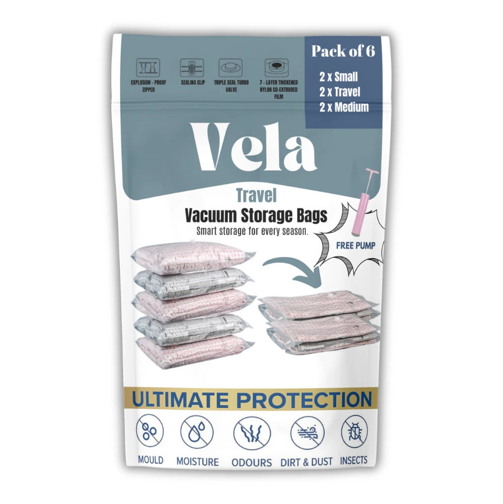 Travel Vacuum Storage Bags Pack of 6 with free pump. vacuumstoragebags.co.uk