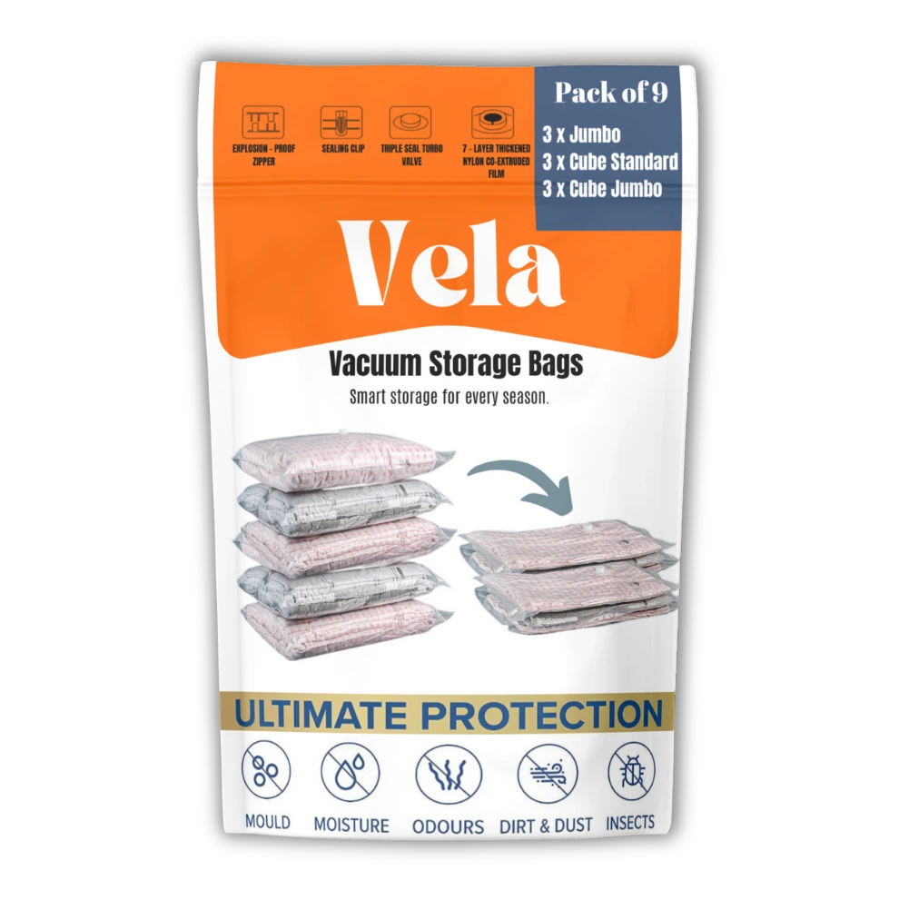 vacuum storage bags pack of 9 - 3 x jumbo, 3 x cube standard, 3 x cube jumbo