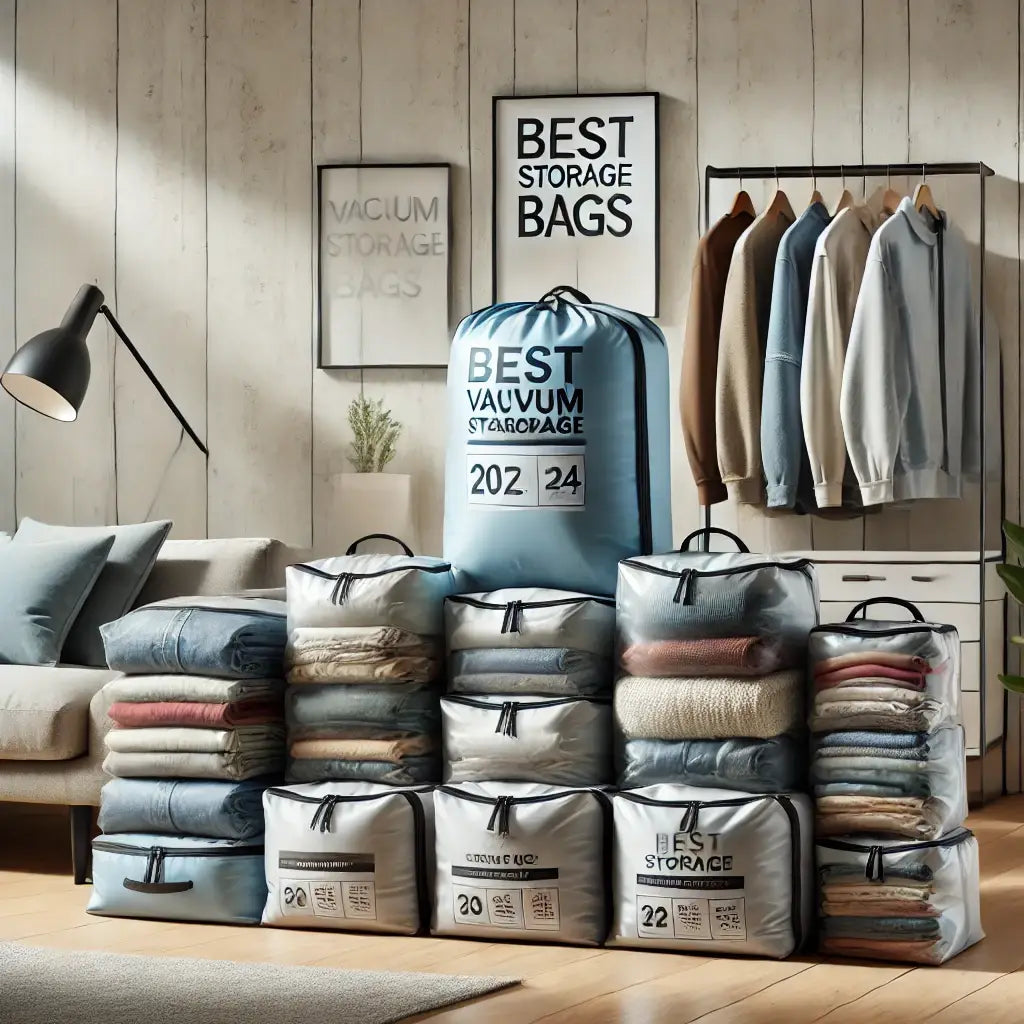 Various vacuum storage bags neatly filled with clothes, bedding, and duvets in a modern, well-organized room. The image showcases the best vacuum storage bags of 2024, highlighting their space-saving efficiency and durability.