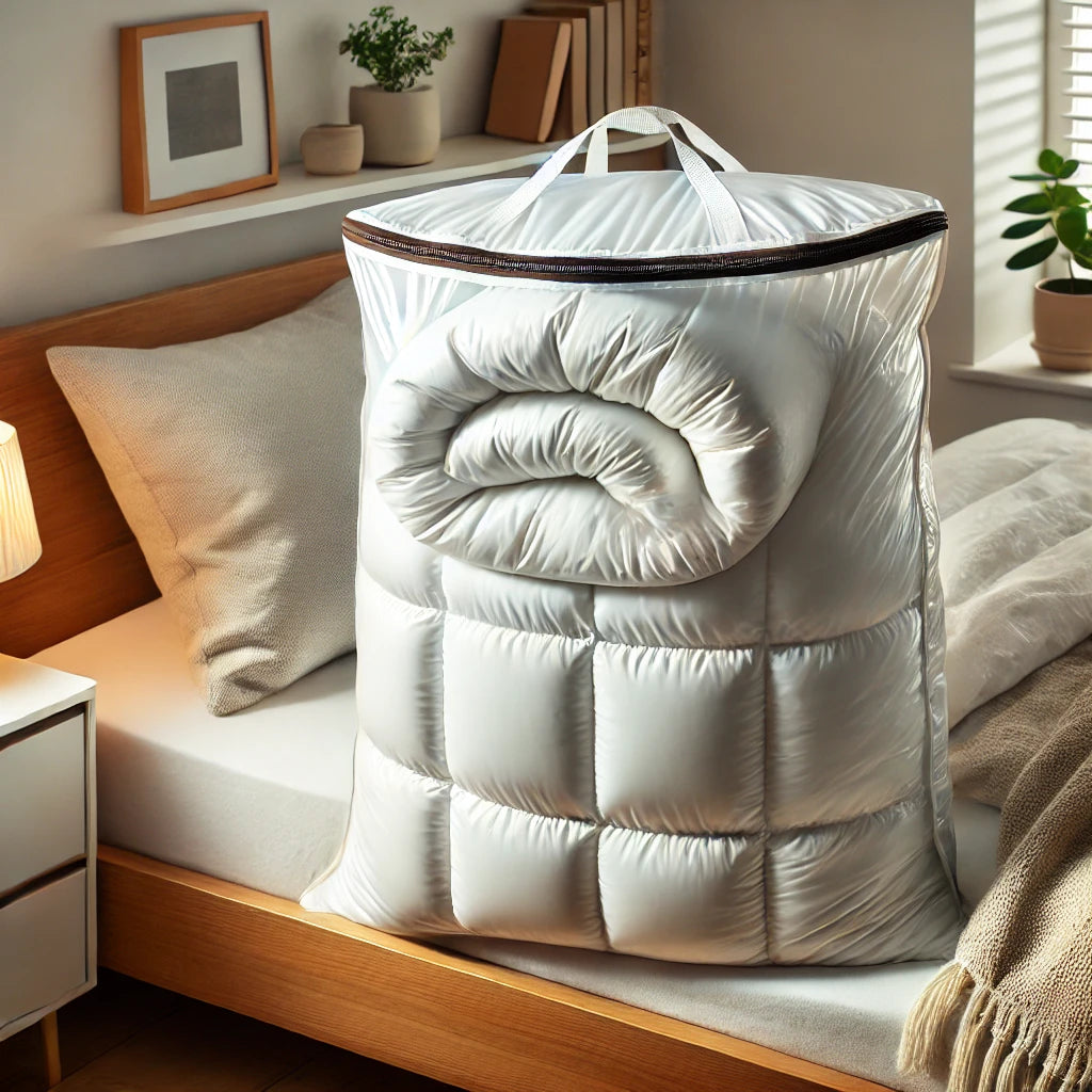 A winter duvet being compressed and stored in a vacuum storage bag, placed neatly beside a well-made bed in a minimalist, modern bedroom, showcasing efficient space-saving storage.