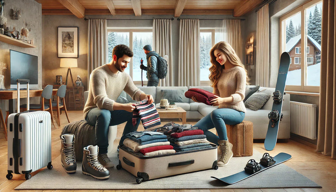 How to Pack Efficiently for Winter Trips - women and man packing suitcase with clothes for their ski holiday