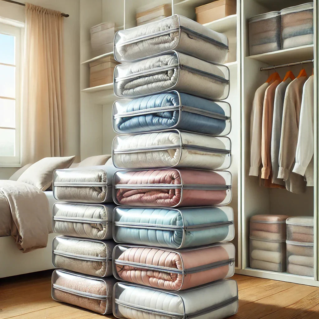 Neatly stored duvets in transparent vacuum storage bags, compressed and stacked on a shelf in an organized bedroom, showcasing space-saving efficiency.