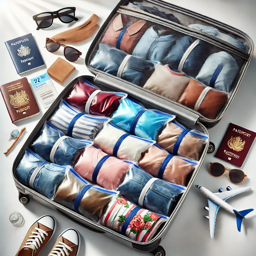 A suitcase neatly packed with clothes and accessories stored in vacuum storage bags for travel, tightly compressed to save space, alongside travel essentials like a passport and sunglasses.