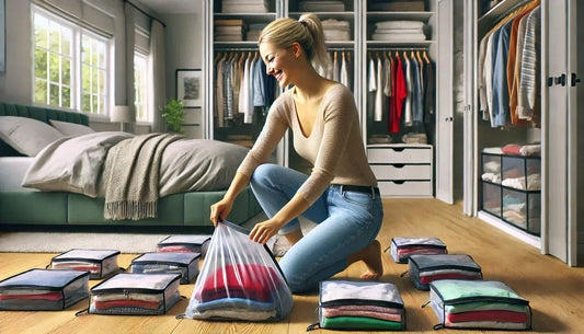 blond women sorting her clothes with vacuum bags - vela