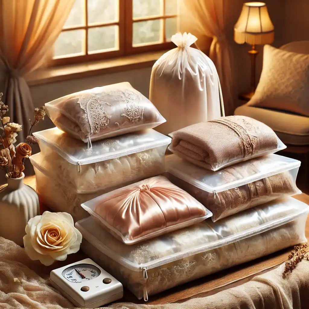 A cozy and elegant scene featuring vacuum storage bags holding delicate items like silk clothing and fine linens. The bags are gently compressed, surrounded by soft decorative elements like flowers, emphasizing safety and care for fragile fabrics.