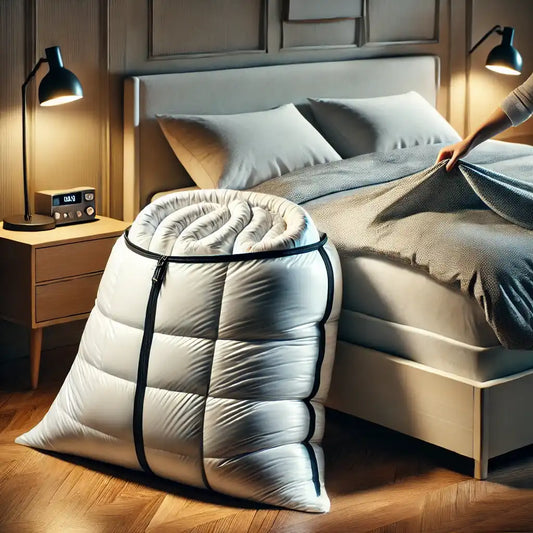 A cozy bedroom scene with a bulky duvet compressed in a vacuum storage bag, highlighting space-saving benefits for large items. The vacuum bag is placed next to a neatly made bed, emphasizing efficient storage solutions in a modern setting