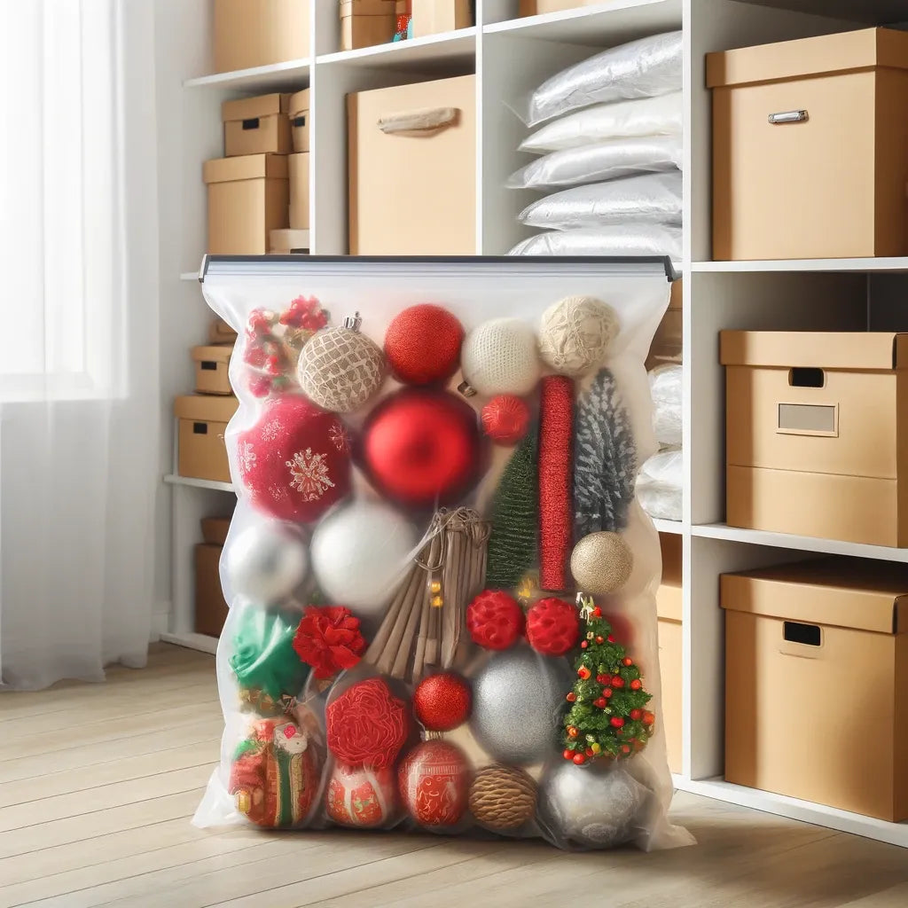A bright and organized storage area featuring holiday decorations like ornaments, garlands, and fabric items neatly compressed in vacuum pack bags. The setup highlights the space-saving and protective benefits of vacuum bags for seasonal decorations
