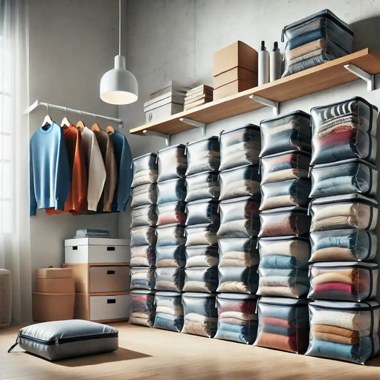 A modern home storage space with vacuum storage bags filled with compressed clothes like t-shirts, jeans, and sweaters, neatly stacked on shelves to showcase their space-saving benefits