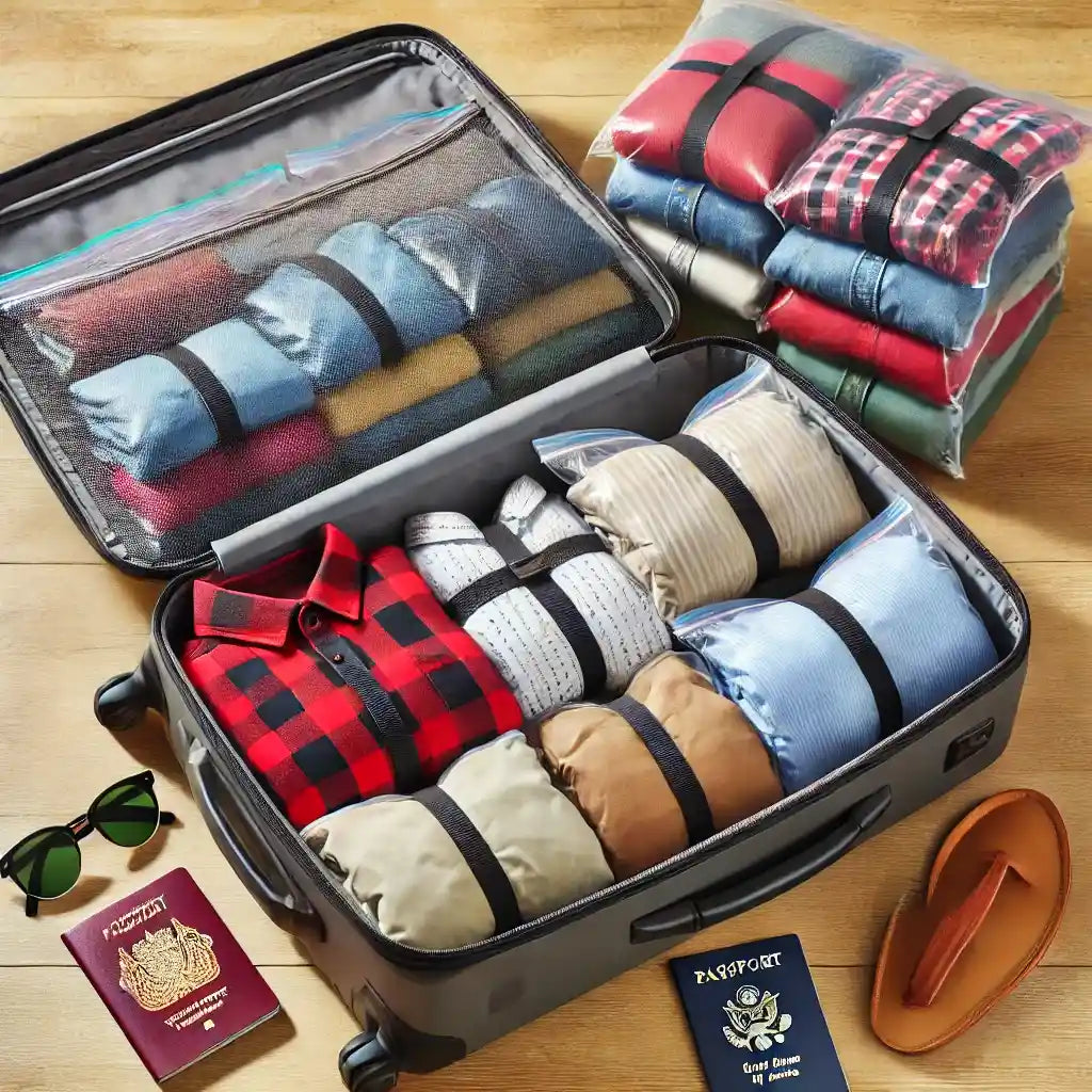 A travel suitcase neatly packed with vacuum storage bags, compressing clothes to maximize space. The suitcase is open, with travel essentials like a passport and sunglasses nearby, emphasizing efficient packing.