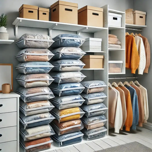 A bright and organized closet with seasonal clothing neatly stored in vacuum storage bags, tightly compressed and stacked on shelves, showcasing efficient space-saving and a tidy, minimalist setup