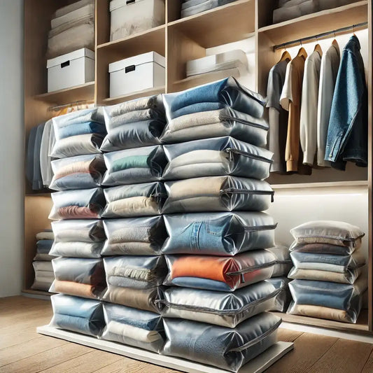 A modern wardrobe with vacuum storage bags filled with compressed clothes, neatly organized to maximize space. The bags hold various garments like t-shirts, jeans, and jackets, highlighting the space-saving benefits of vacuum storage.