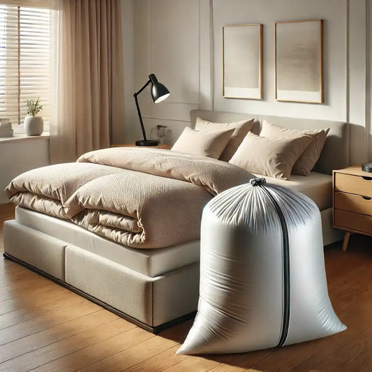 A bedroom with a cozy duvet stored in a vacuum storage bag, demonstrating space-saving benefits with the bag placed neatly beside a modern, minimalistic bed.