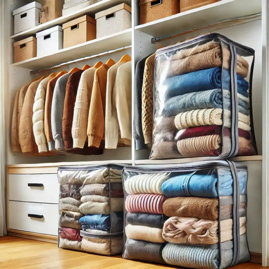 Neatly organized wardrobe with vacuum storage bags tightly compressing seasonal clothes like winter jackets and sweaters, showcasing the space-saving benefits in a modern and clutter-free room.