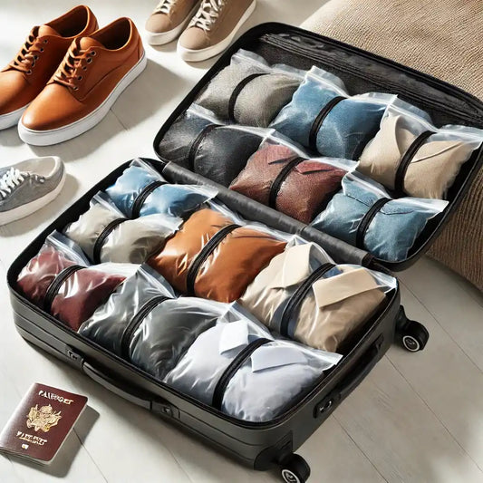 A suitcase neatly packed with vacuum storage bags, showing clothes tightly compressed to maximize space for travel. The setting suggests preparation for a trip, with efficient use of suitcase space.