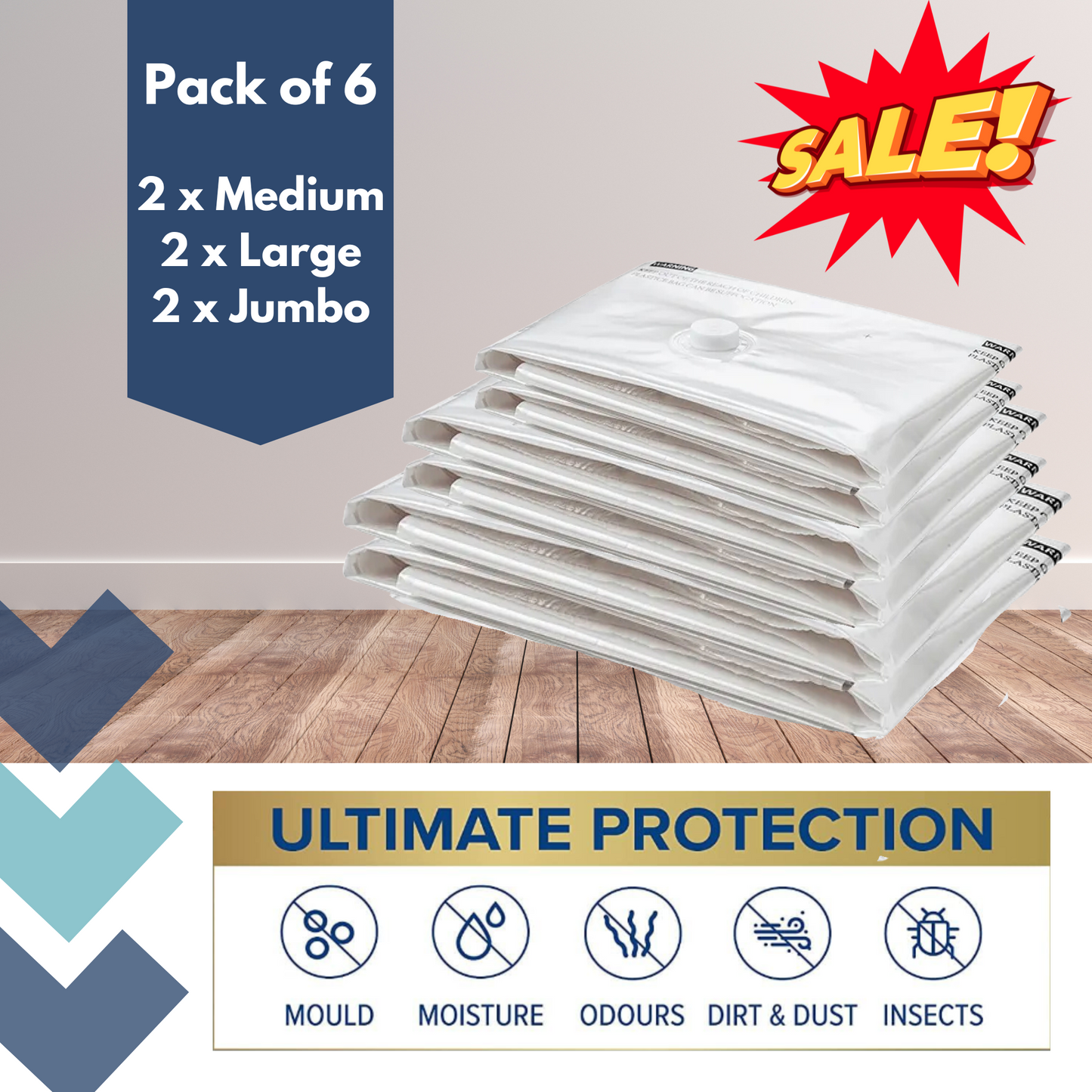 vacuum storage bags  - Pack of 6 : 2 medium, 2 large, 2 jumbo