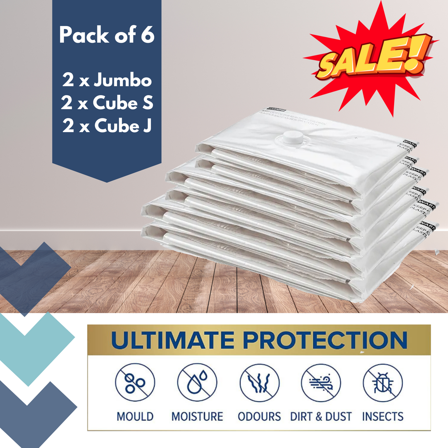 Vacuum Storage Bags - Pack of 6 : 2 x Jumbo, 2 x Cube Standard , 2 x Cube Jumbo