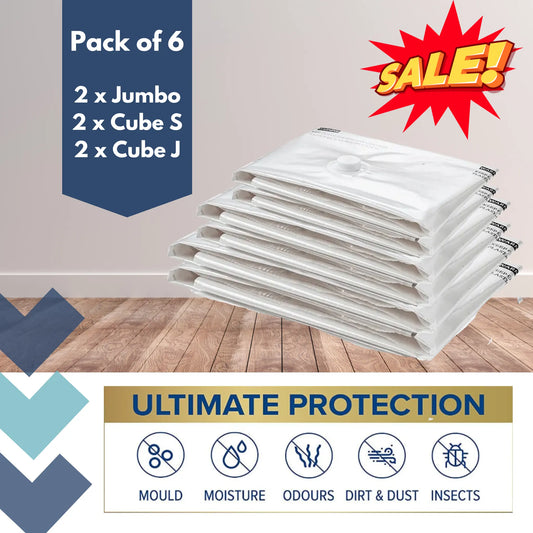 vacuum storage bags pack of 6 - 2 x jumbo, 2 x cube standard, 2 x cube jumbo