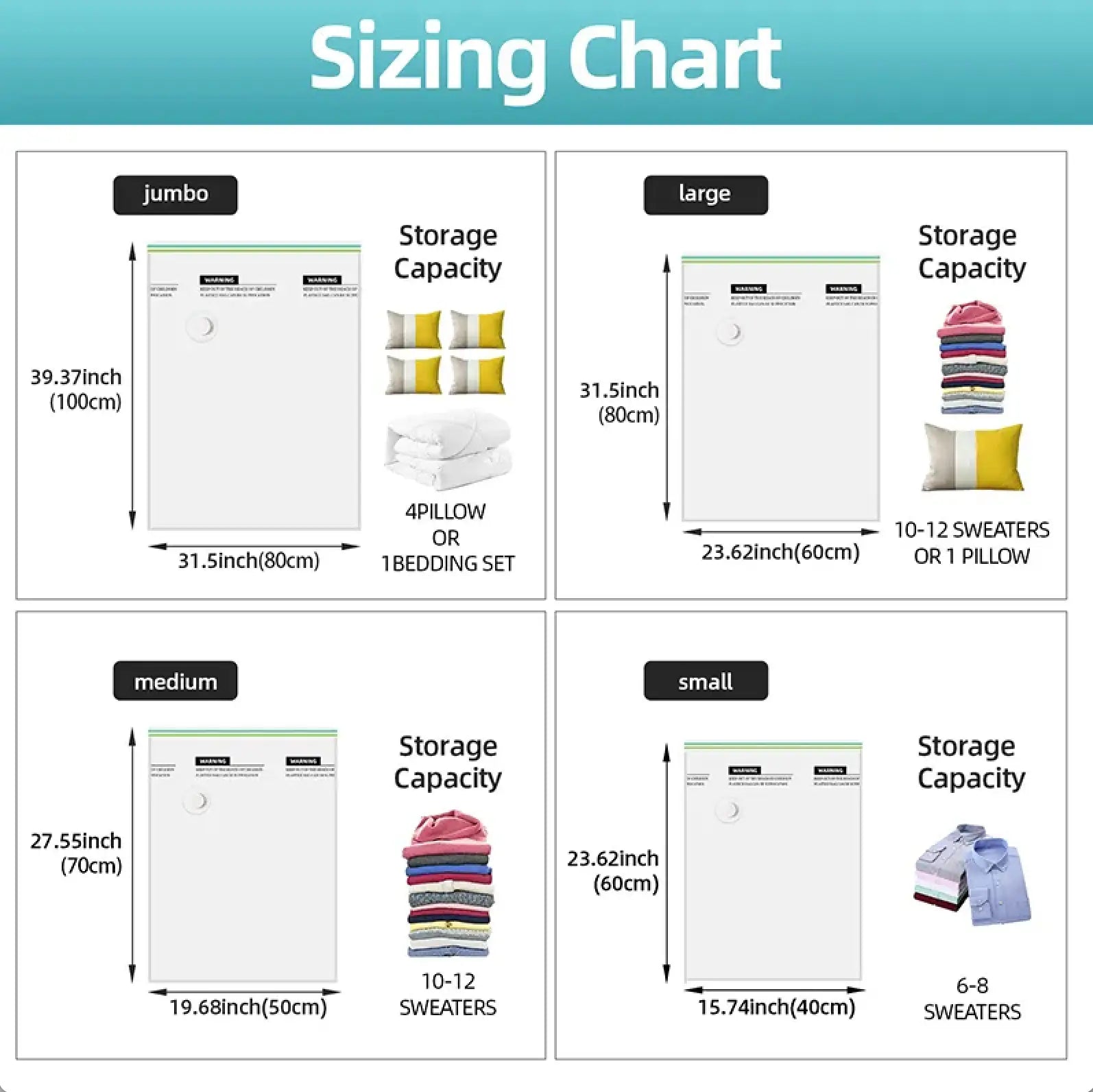 large vacuum storage bags sizing chart