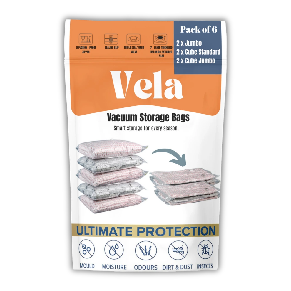 vacuum storage bags pack of 6 - 2 x jumbo, 2 x cube standard, 2 x cube jumbo