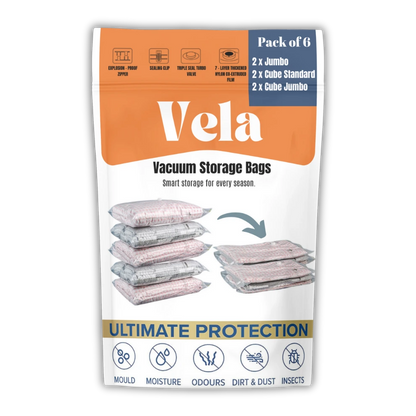 vacuum storage bags pack of 6 - 2 x jumbo, 2 x cube standard, 2 x cube jumbo