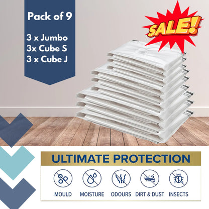 vacuum storage bags pack of 9 - 3 x jumbo, 3 x cube standard, 3 x cube jumbo
